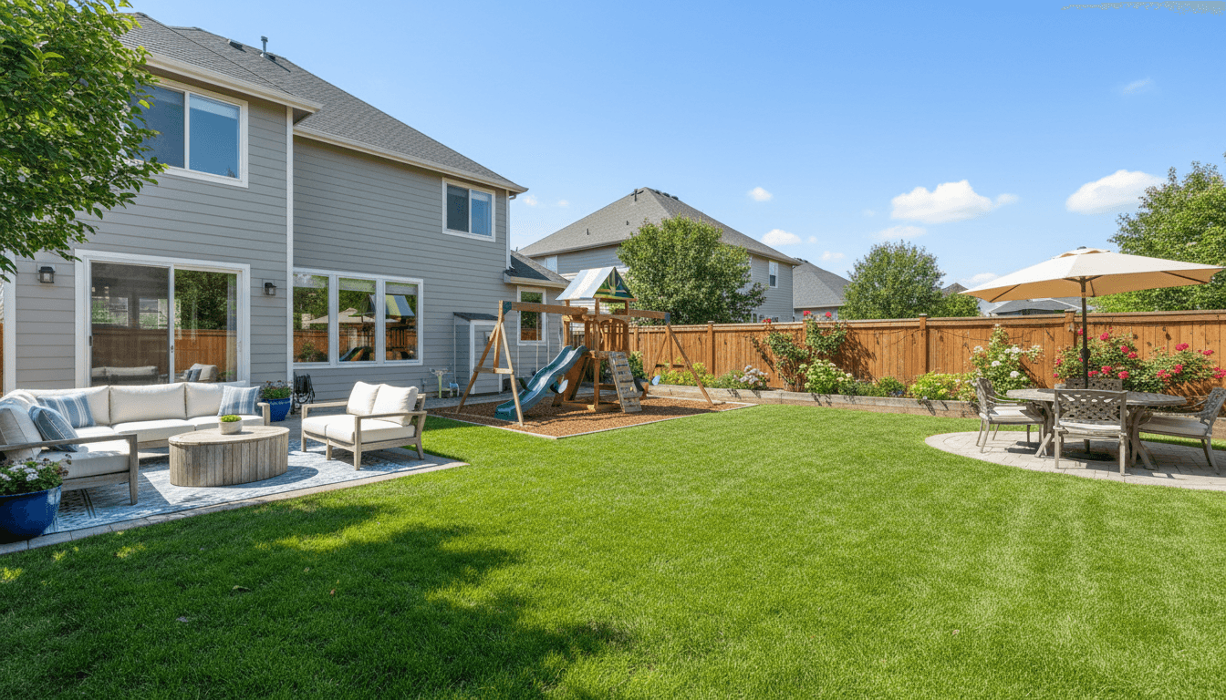 Clean residential backyard with well-maintained grass and safe outdoor space for families and pets