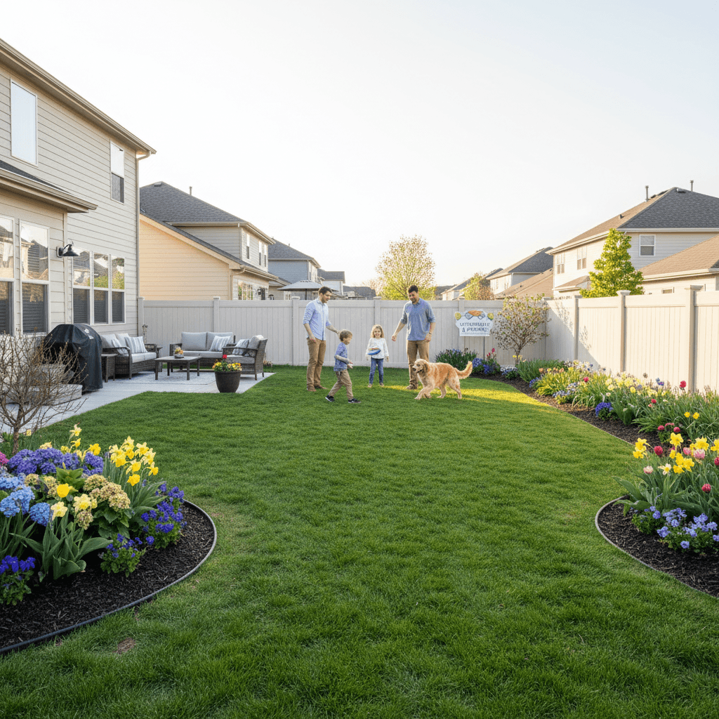 Clean backyard with family and dog, showcasing results of yard deep cleaning.