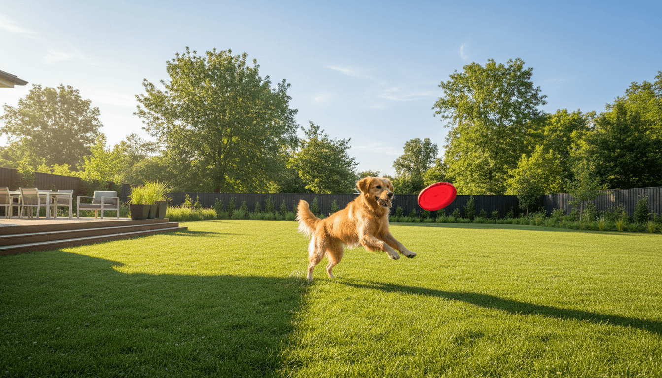 Clean backyard with happy dog playing on fresh green grass