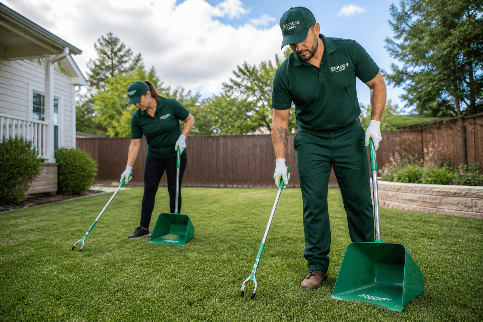 Two professional cleaners in green uniforms use long-handled scoopers to clean a residential lawn.