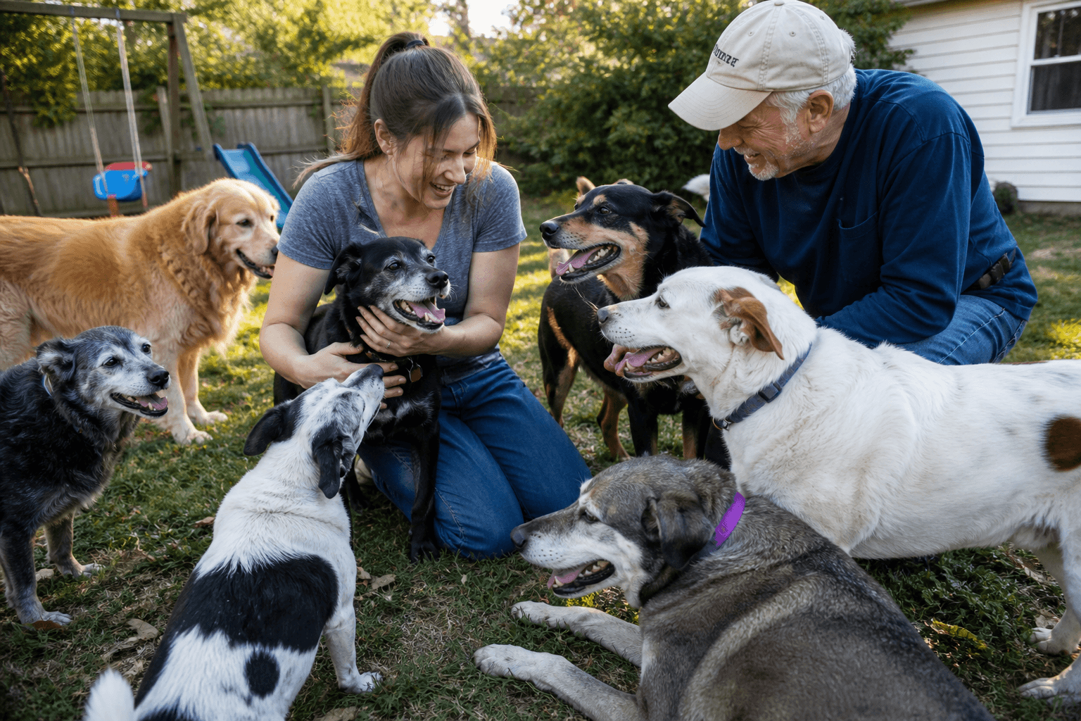 Smiling woman and man surrounded by many happy dogs in a sunny, grassy backyard.