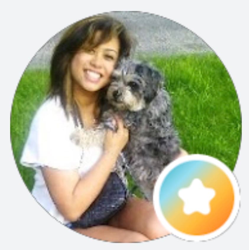 Smiling woman with brown hair holding a small, scruffy grey dog on green grass.